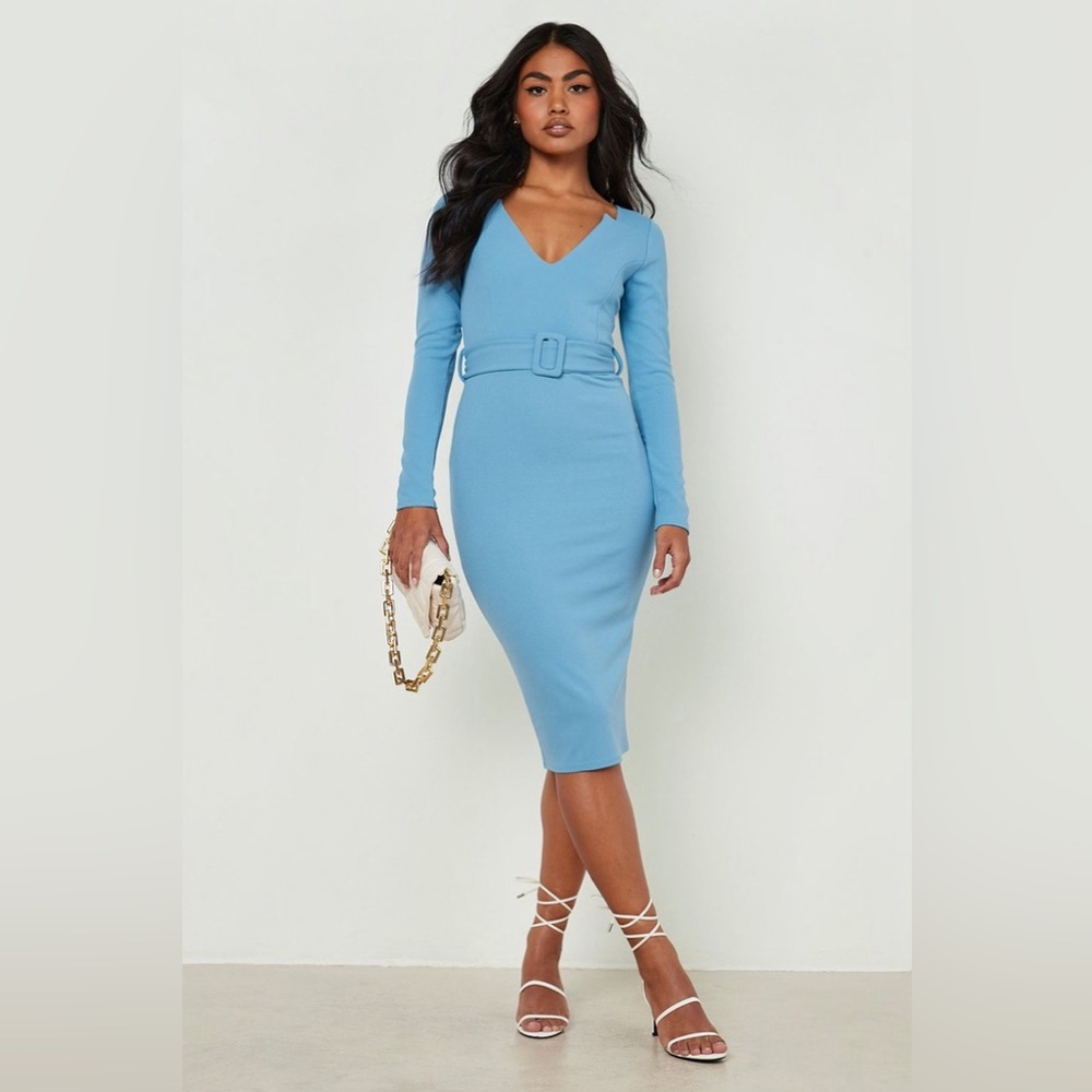 Boohoo notch neck belted midi dress in sky blue